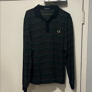 Fred Perry Long Sleeve Polo in Black and Dark Green Zigzag